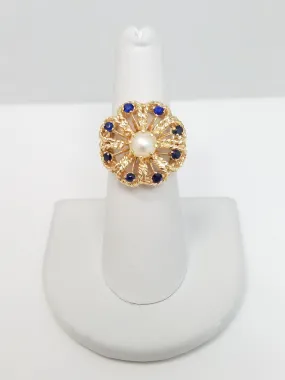 Vintage 14k Yellow Gold Open Work Pearl and Sapphire Ring