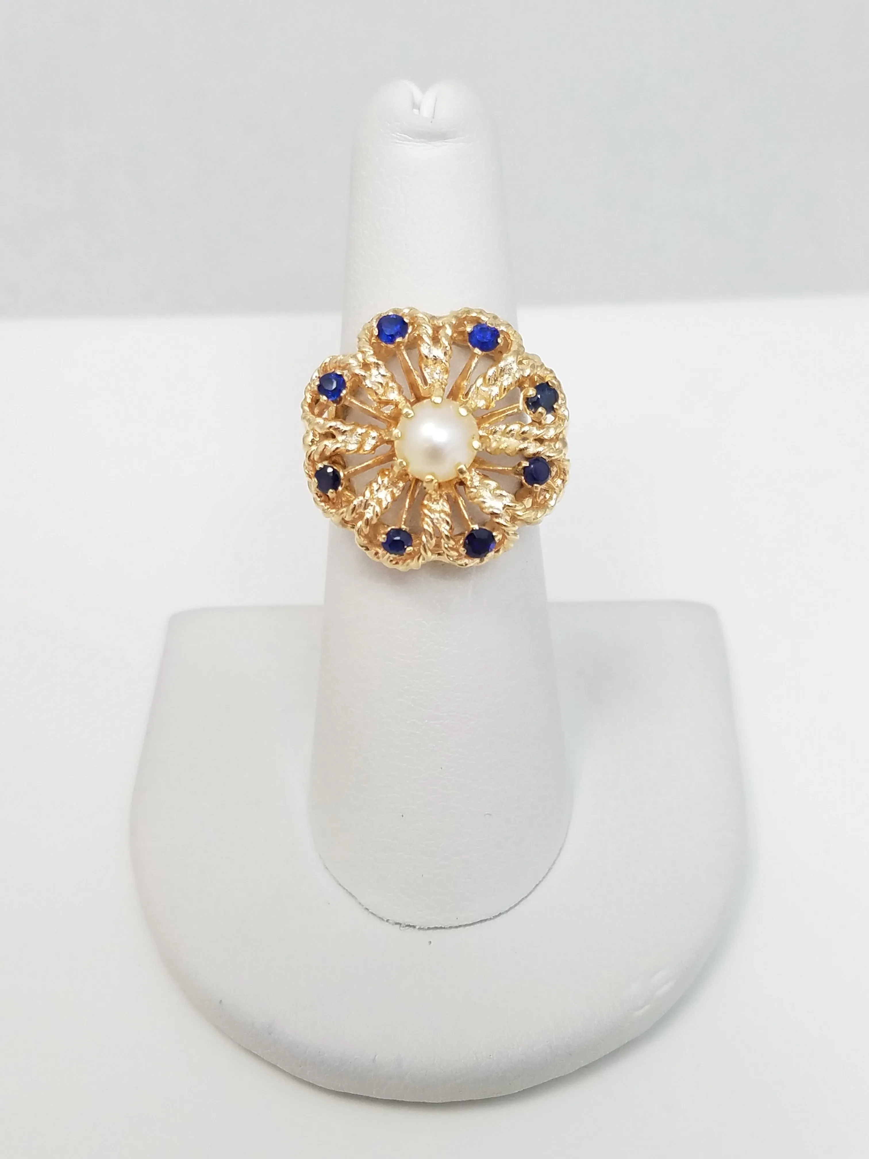 Vintage 14k Yellow Gold Open Work Pearl and Sapphire Ring