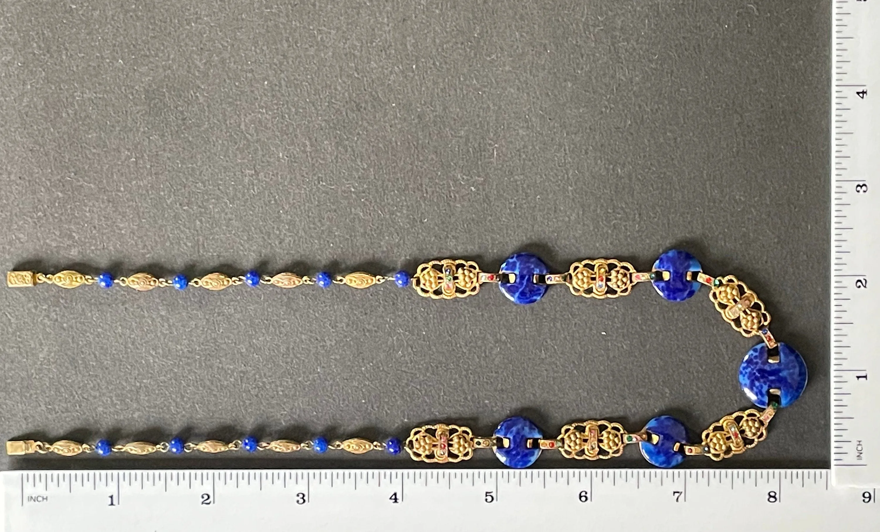 Vintage Art Deco Czech Max Neiger (?) blue lapis lazuli glass, colourful rhinestone & gold tone necklace, beautifully shaped stones