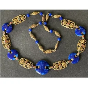 Vintage Art Deco Czech Max Neiger (?) blue lapis lazuli glass, colourful rhinestone & gold tone necklace, beautifully shaped stones