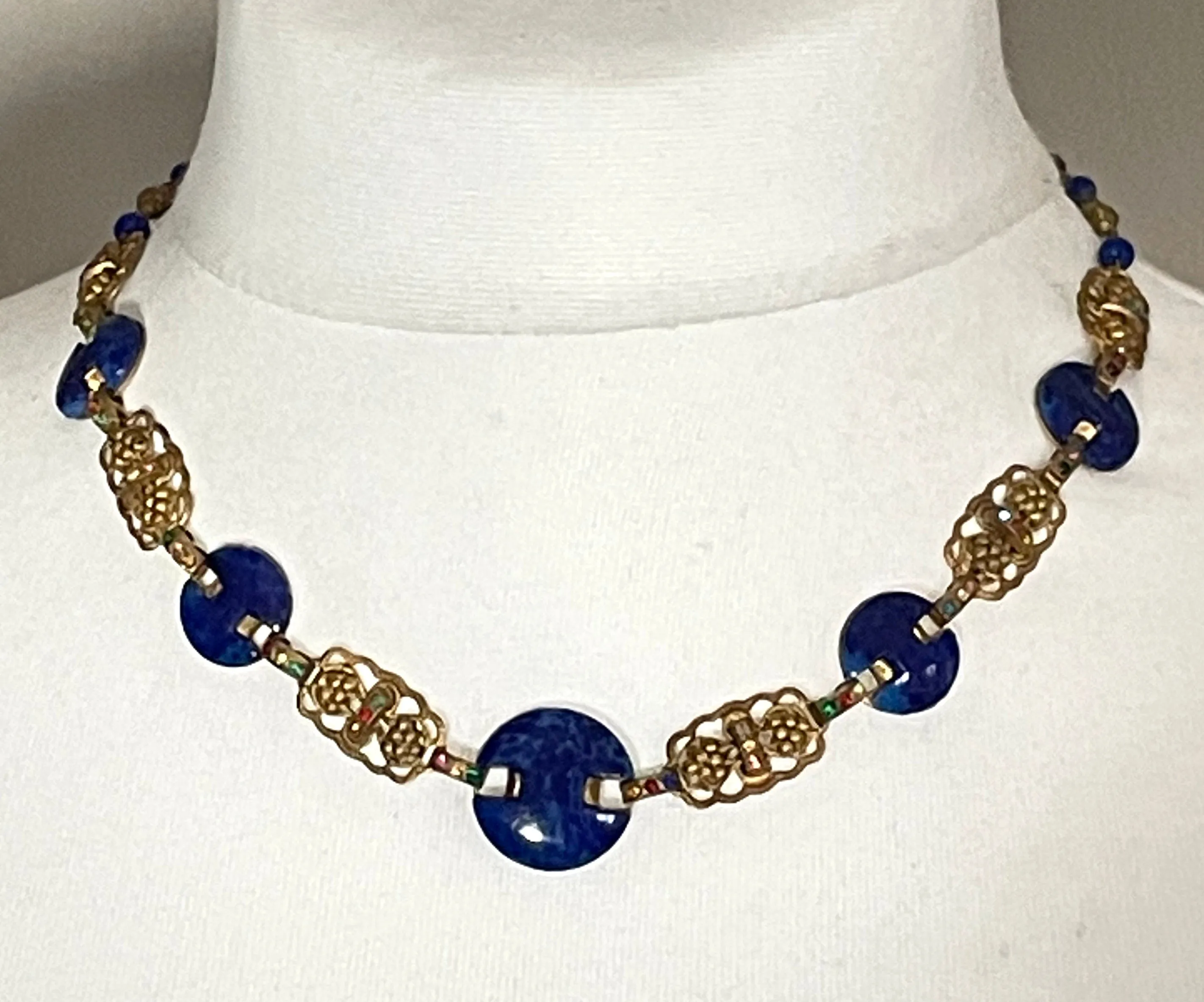 Vintage Art Deco Czech Max Neiger (?) blue lapis lazuli glass, colourful rhinestone & gold tone necklace, beautifully shaped stones