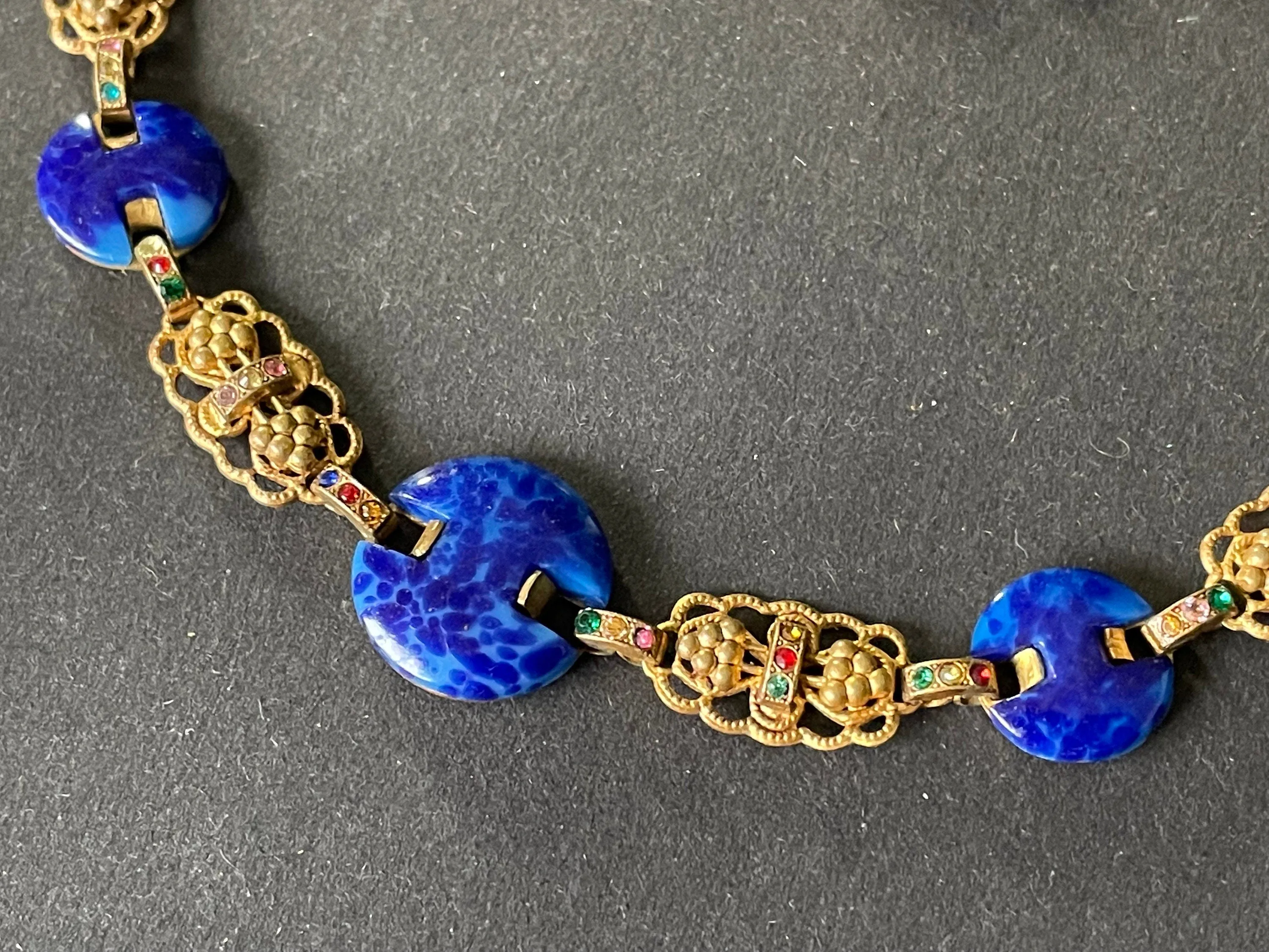 Vintage Art Deco Czech Max Neiger (?) blue lapis lazuli glass, colourful rhinestone & gold tone necklace, beautifully shaped stones