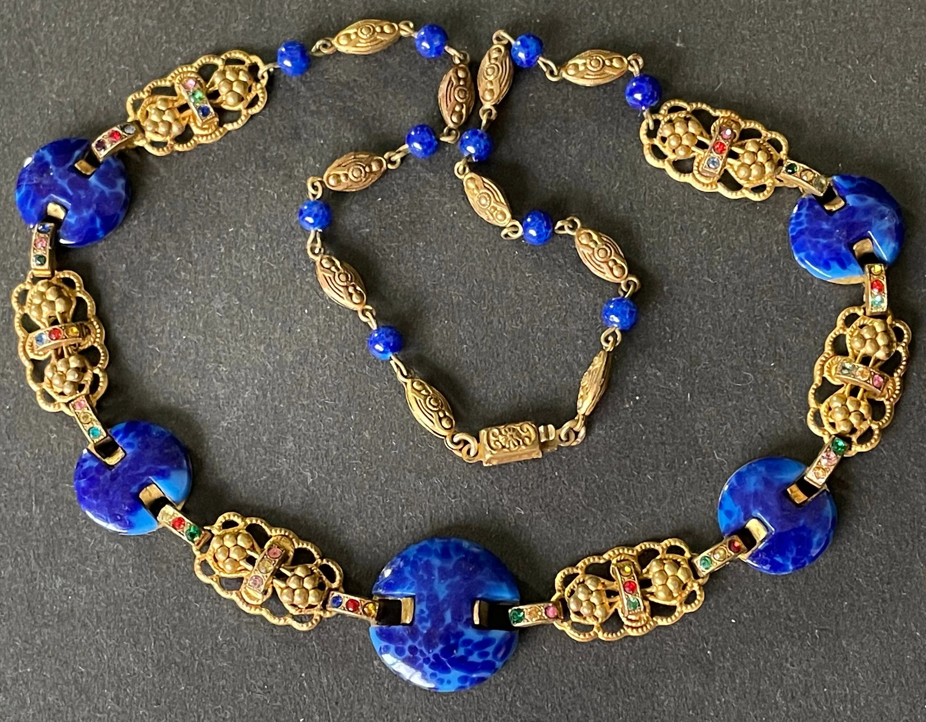 Vintage Art Deco Czech Max Neiger (?) blue lapis lazuli glass, colourful rhinestone & gold tone necklace, beautifully shaped stones