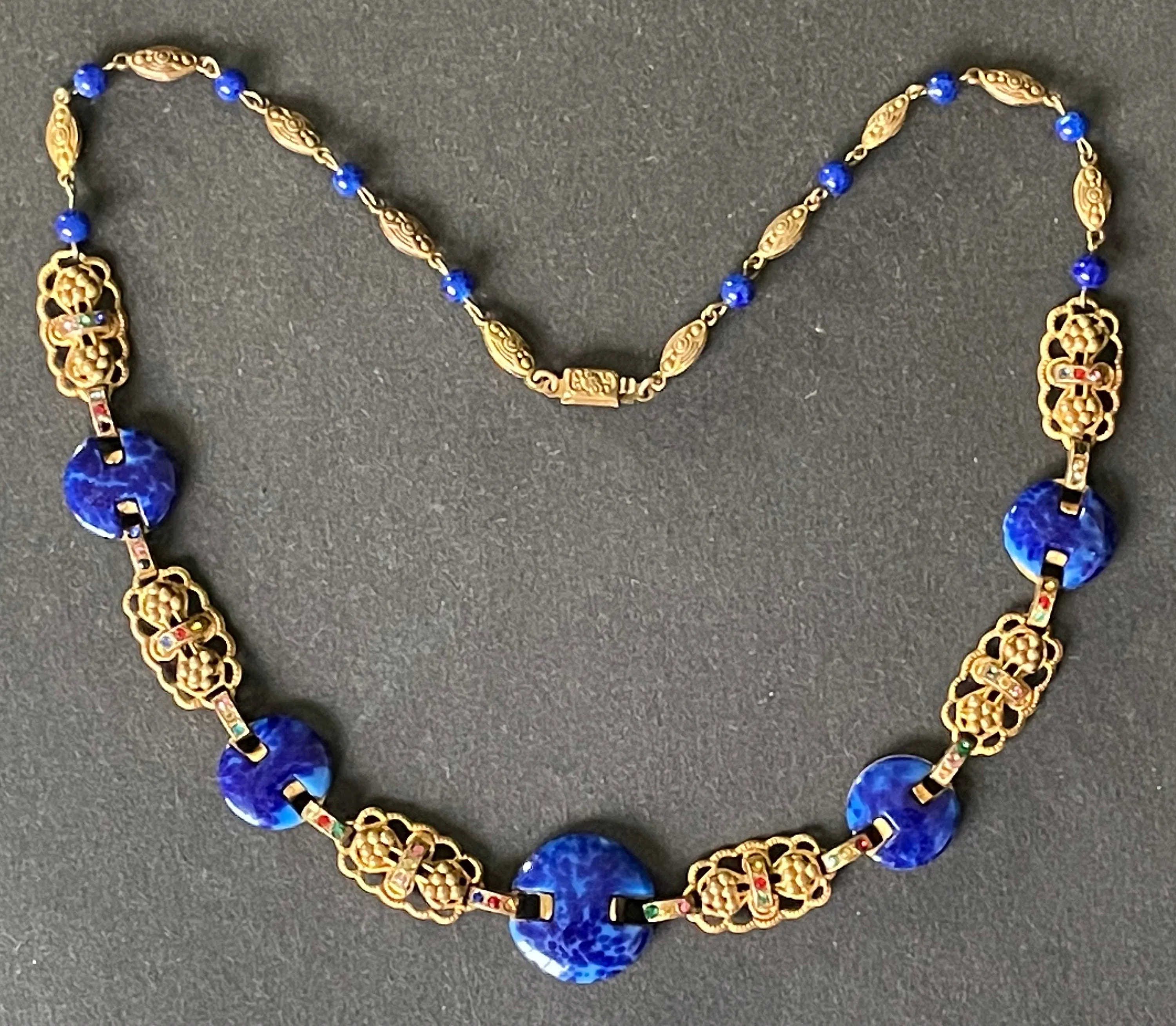 Vintage Art Deco Czech Max Neiger (?) blue lapis lazuli glass, colourful rhinestone & gold tone necklace, beautifully shaped stones