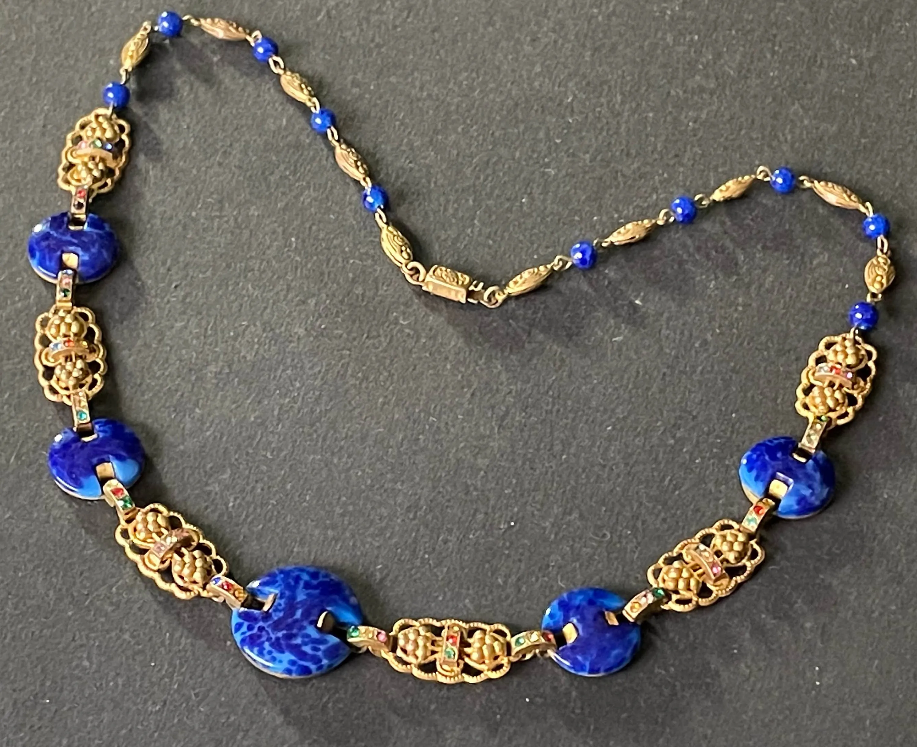 Vintage Art Deco Czech Max Neiger (?) blue lapis lazuli glass, colourful rhinestone & gold tone necklace, beautifully shaped stones