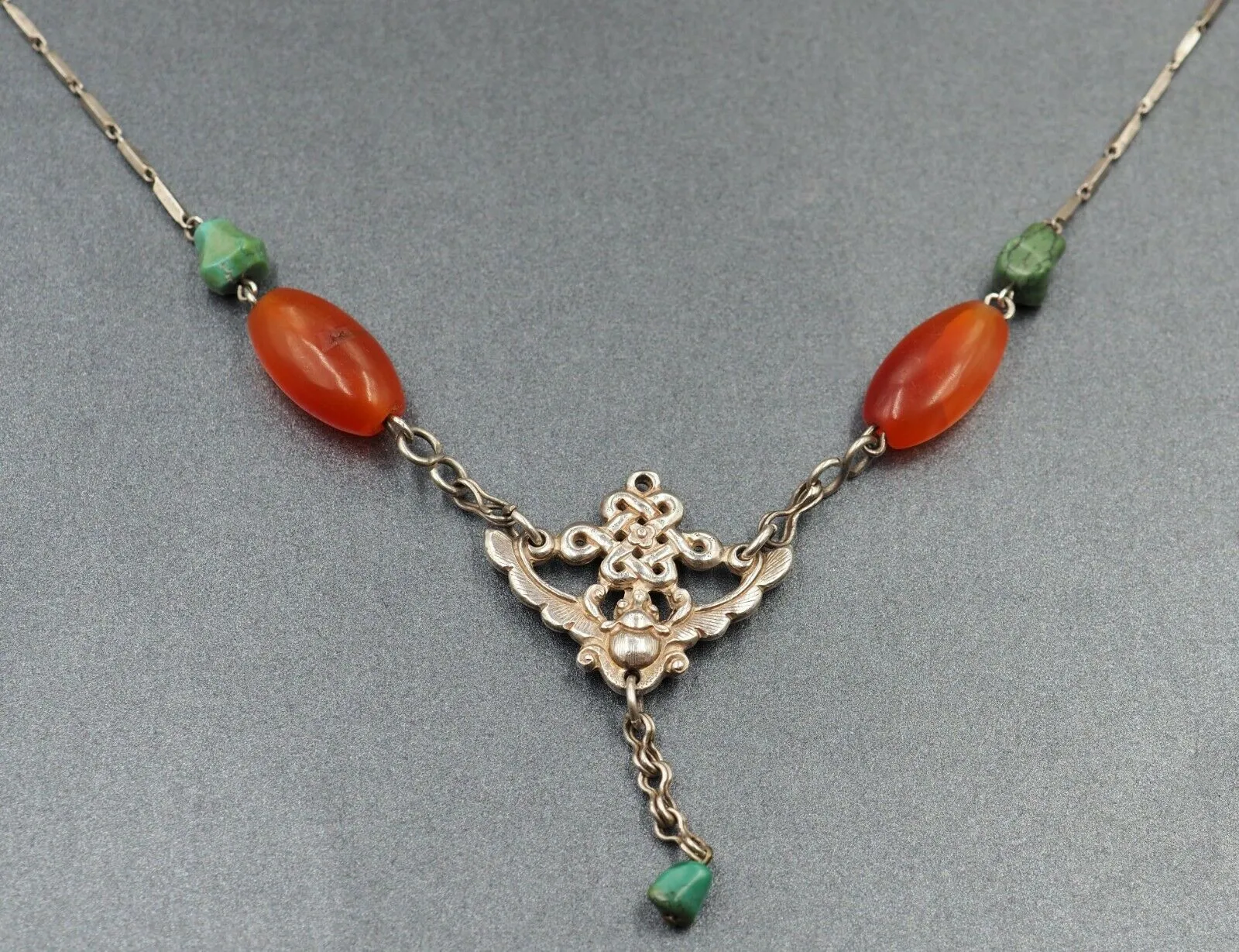 Vintage Carnelian & Turquoise Sterling Silver Necklace