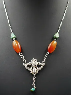 Vintage Carnelian & Turquoise Sterling Silver Necklace