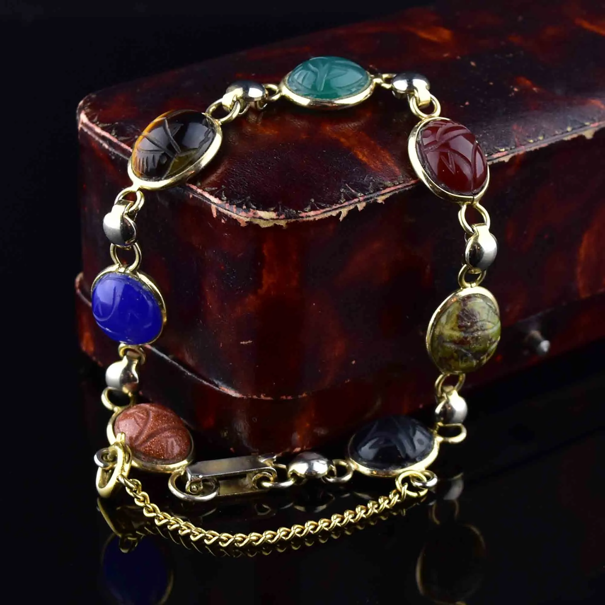 Vintage Egyptian Revival Gemstone Scarab Bracelet