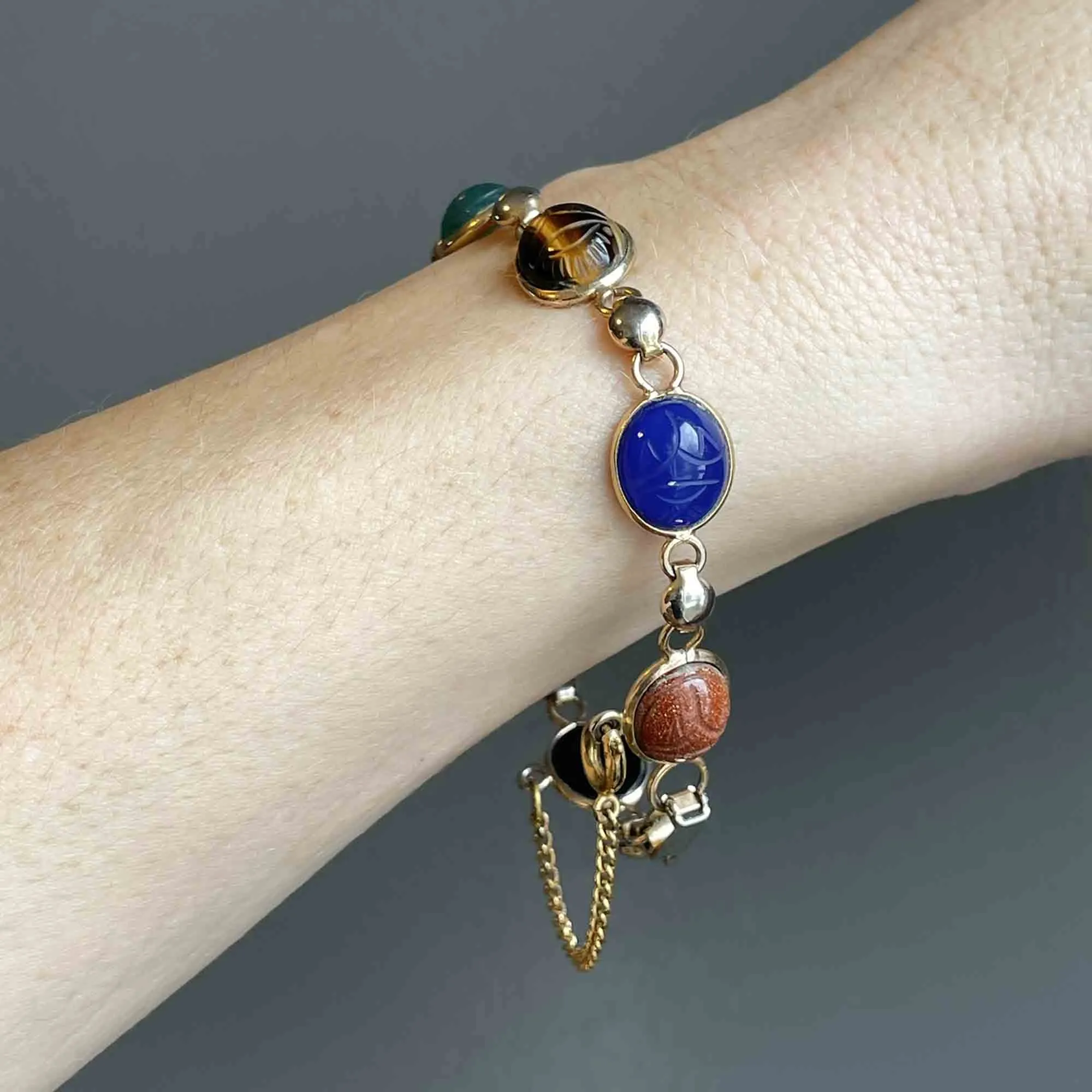 Vintage Egyptian Revival Gemstone Scarab Bracelet