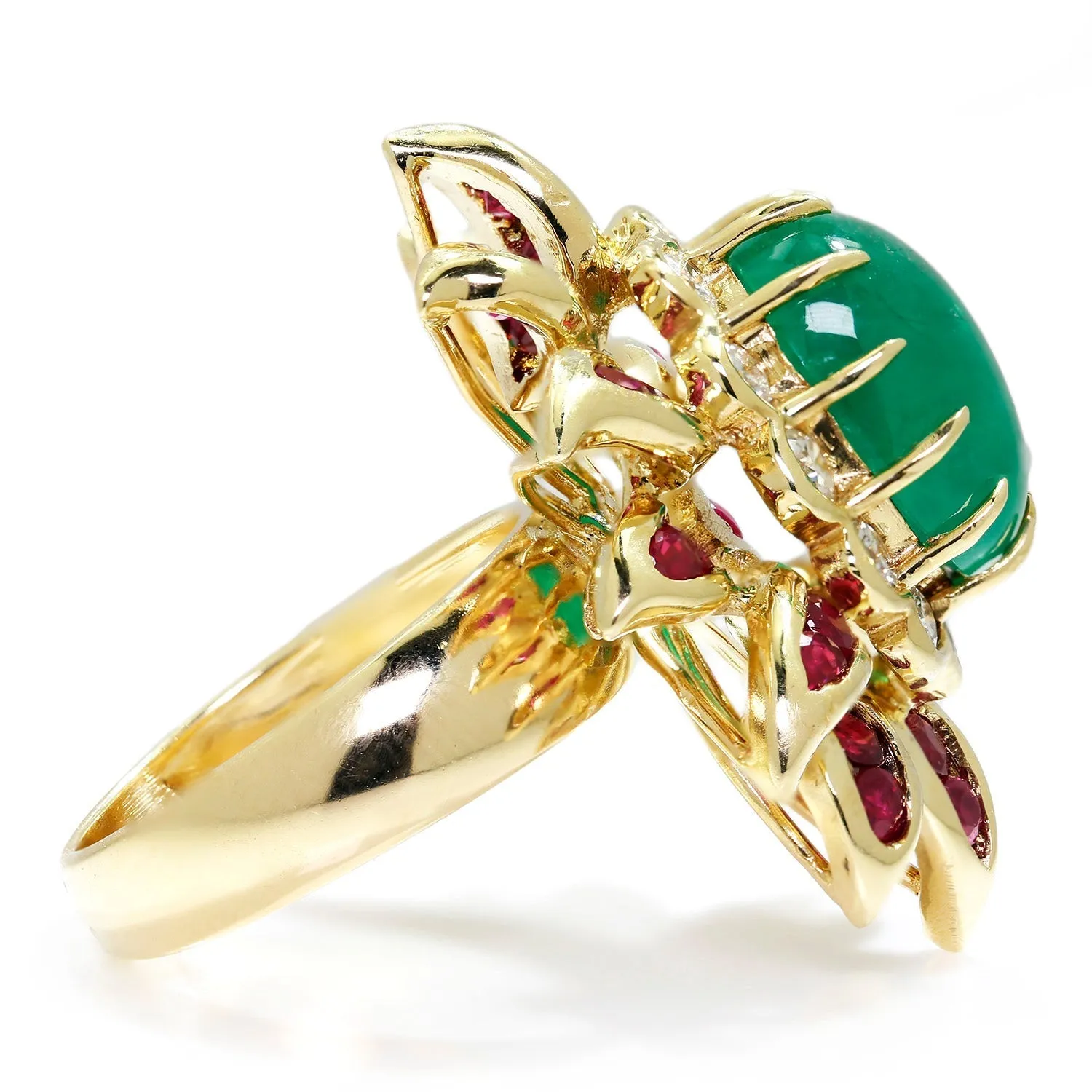 Vintage Emerald Flower Ring with Diamonds & Rubies 18K Gold