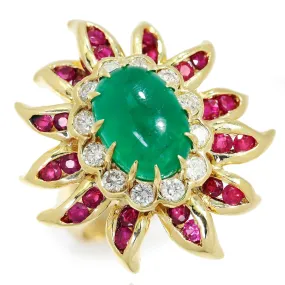 Vintage Emerald Flower Ring with Diamonds & Rubies 18K Gold