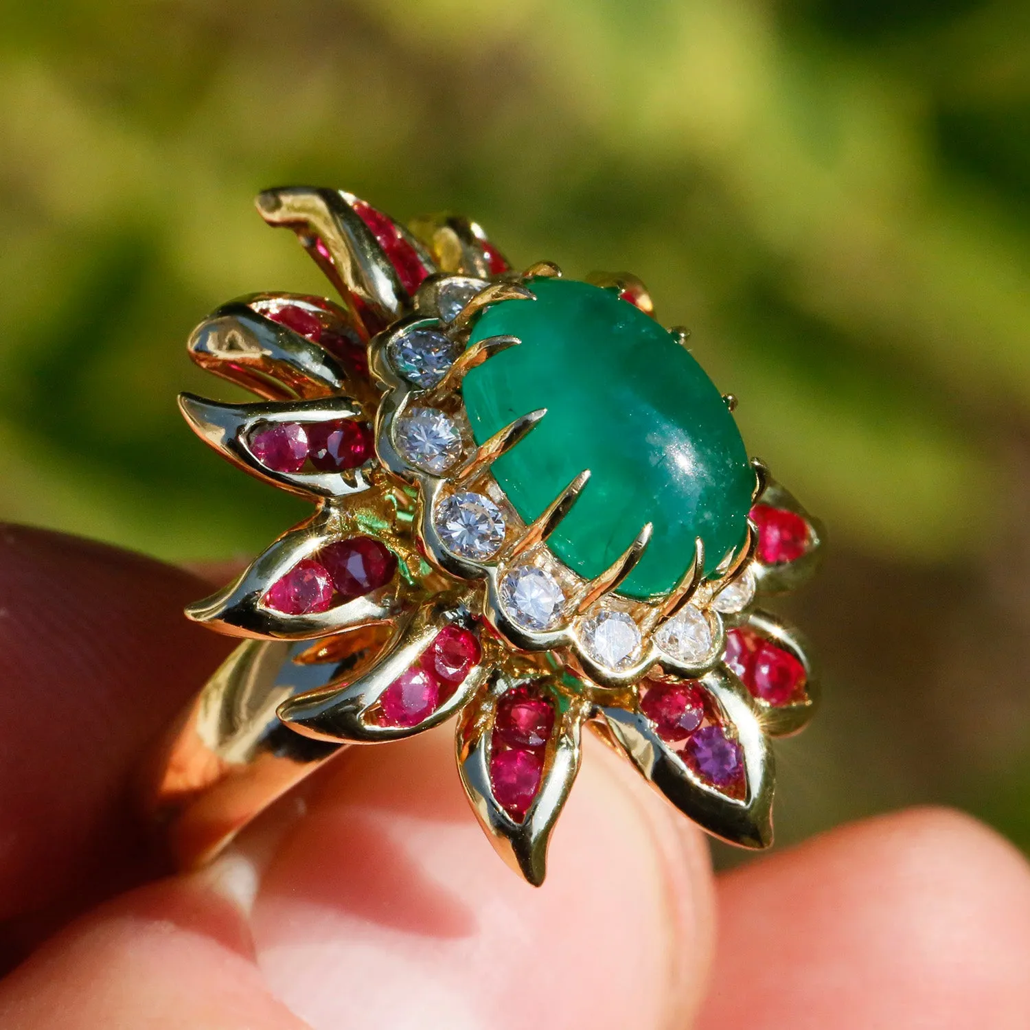 Vintage Emerald Flower Ring with Diamonds & Rubies 18K Gold