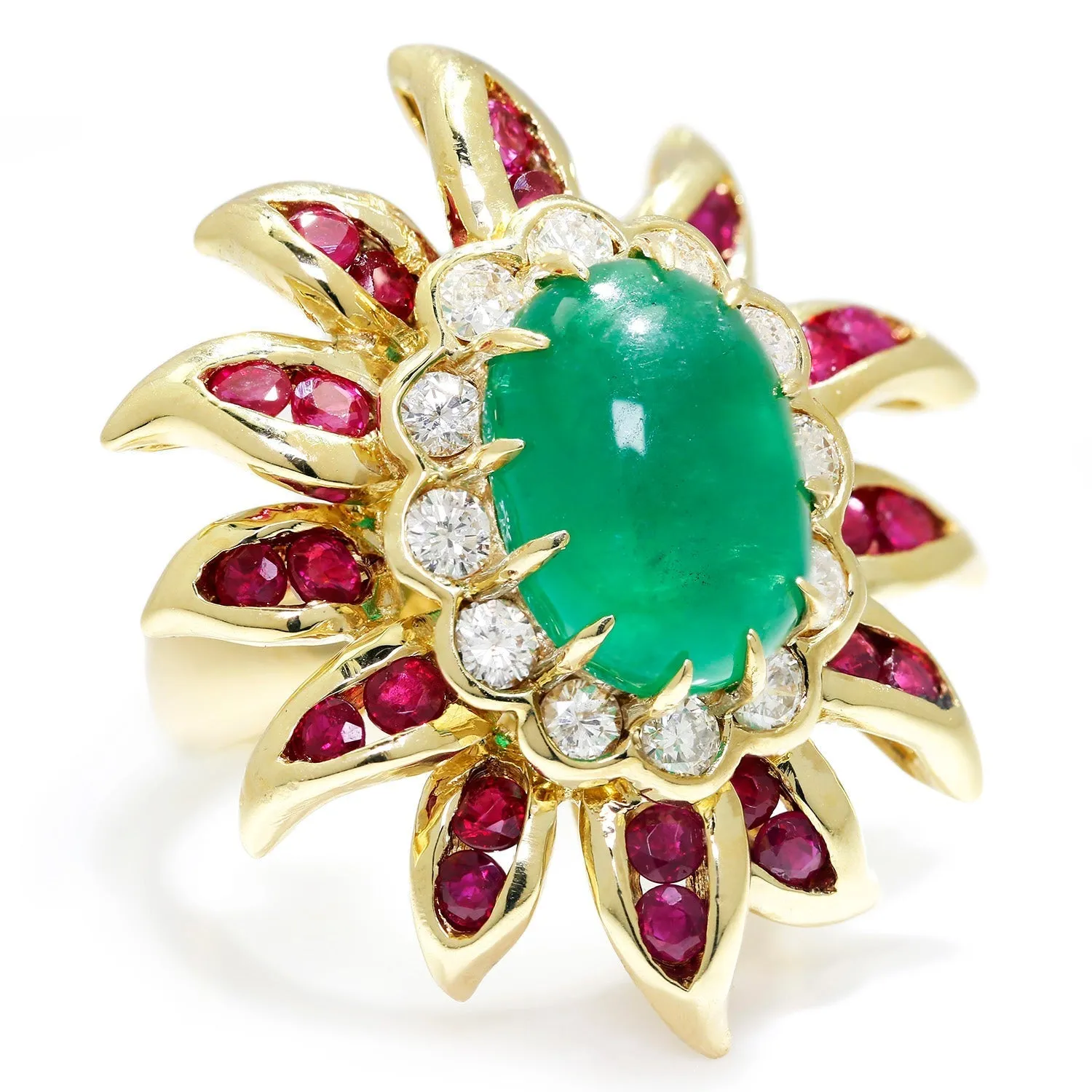 Vintage Emerald Flower Ring with Diamonds & Rubies 18K Gold