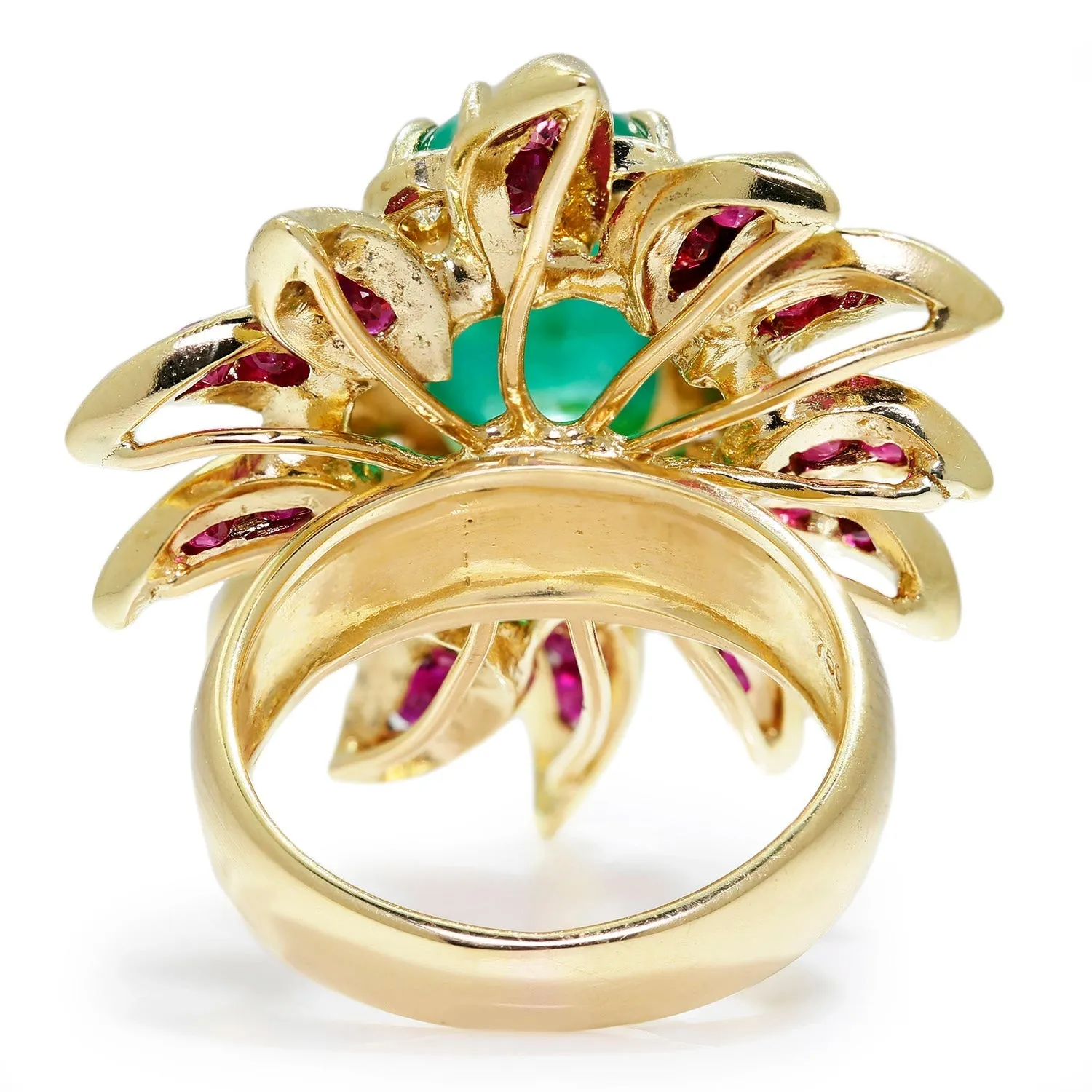 Vintage Emerald Flower Ring with Diamonds & Rubies 18K Gold