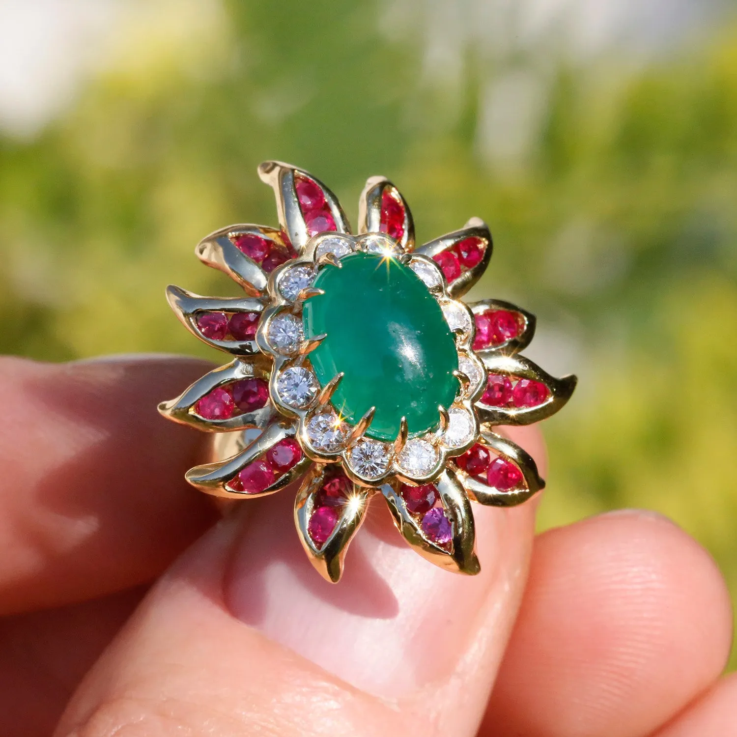 Vintage Emerald Flower Ring with Diamonds & Rubies 18K Gold