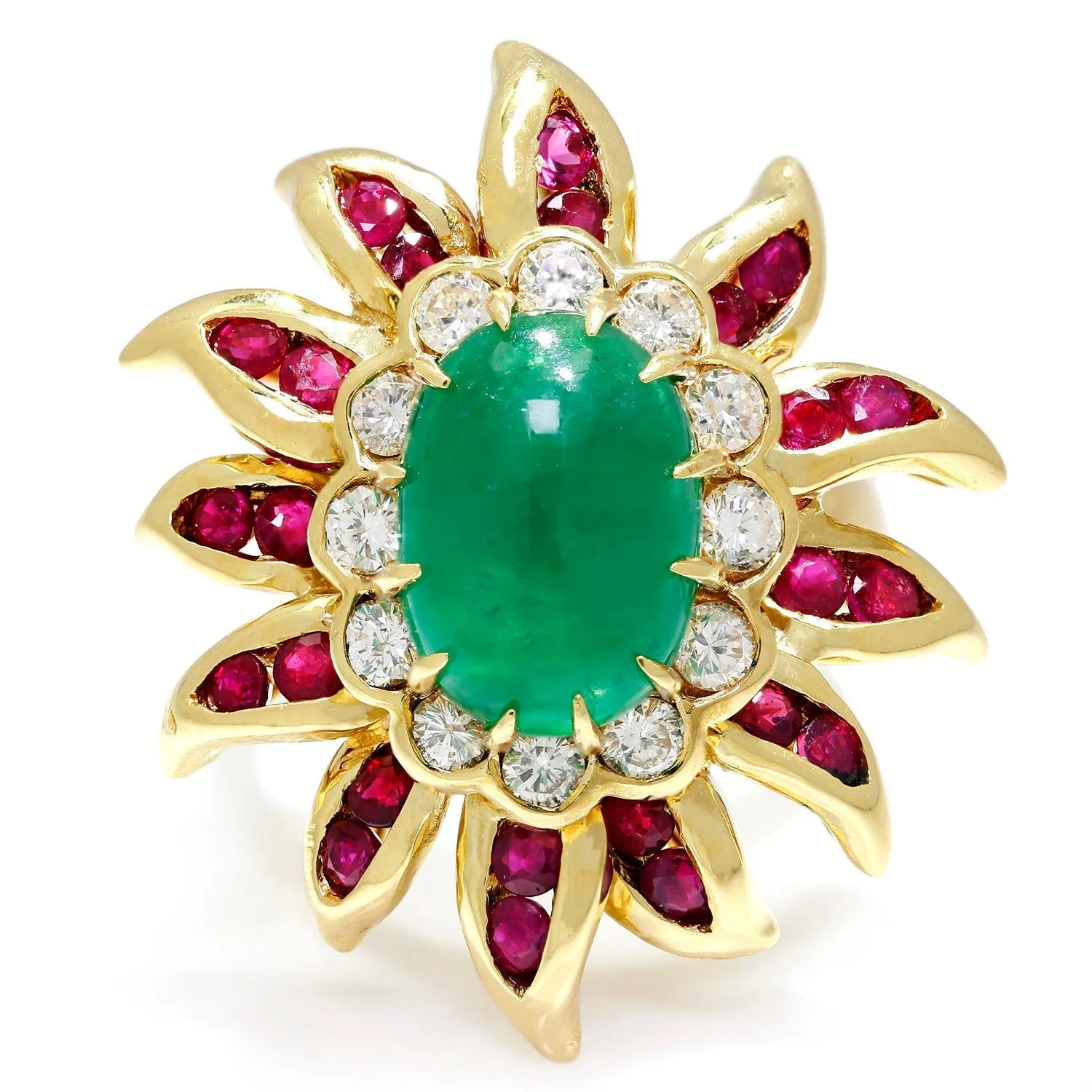 Vintage Emerald Flower Ring with Diamonds & Rubies 18K Gold