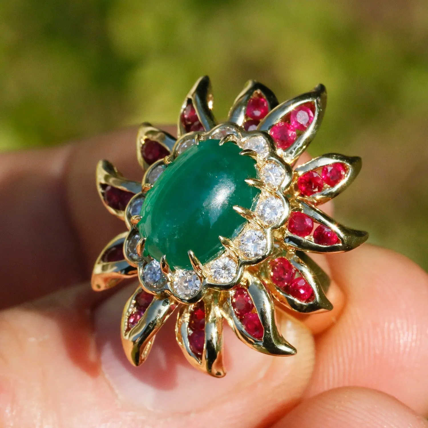 Vintage Emerald Flower Ring with Diamonds & Rubies 18K Gold