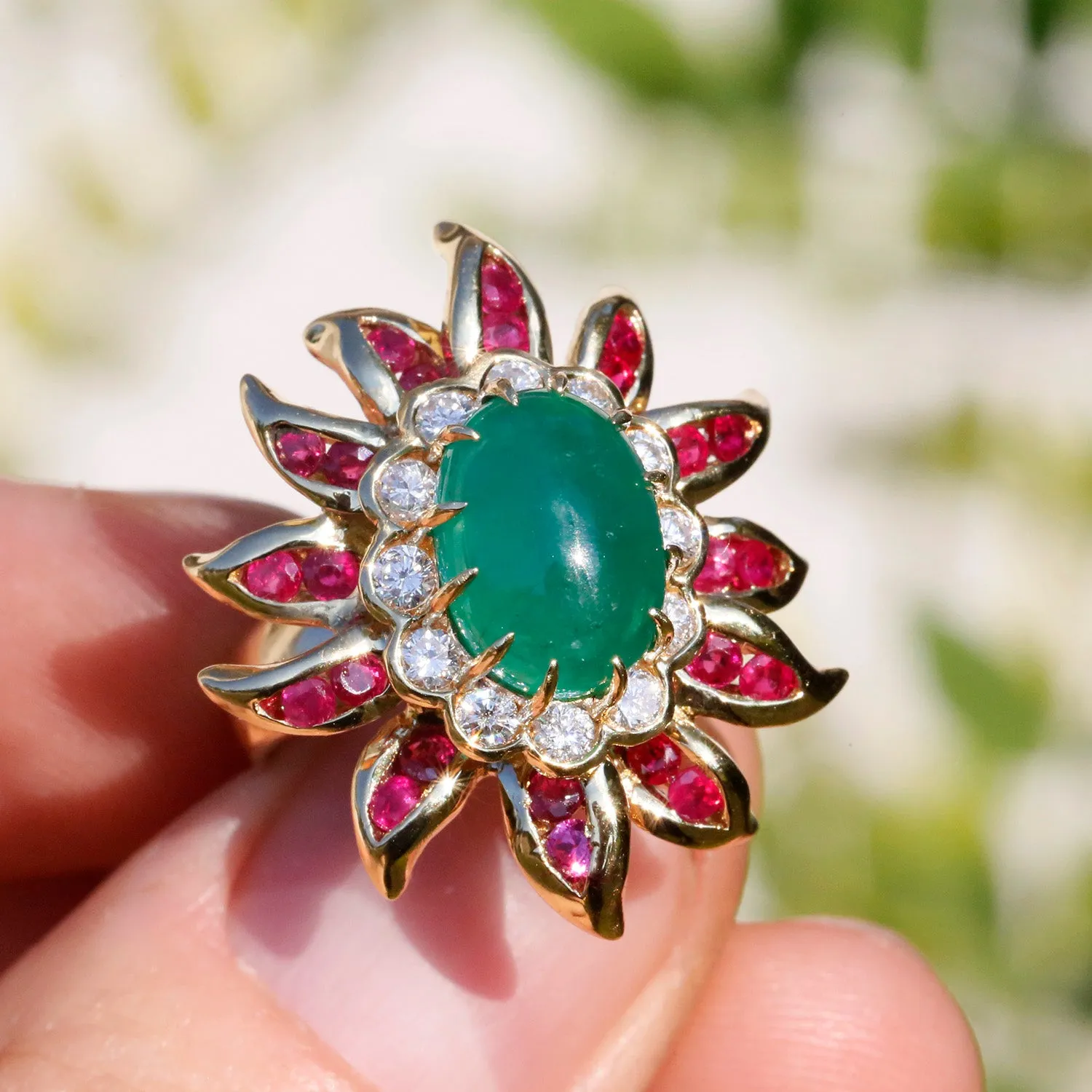 Vintage Emerald Flower Ring with Diamonds & Rubies 18K Gold