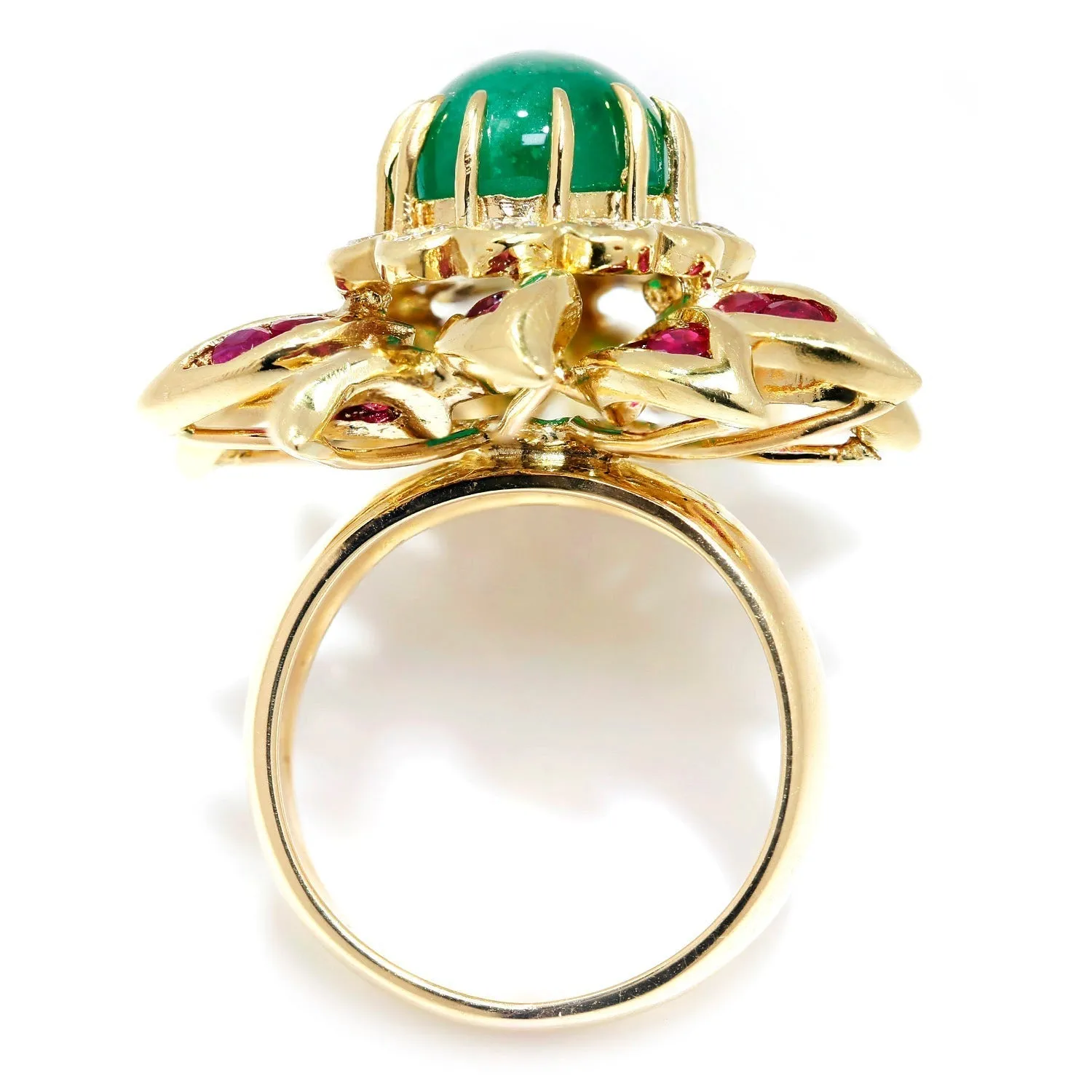 Vintage Emerald Flower Ring with Diamonds & Rubies 18K Gold