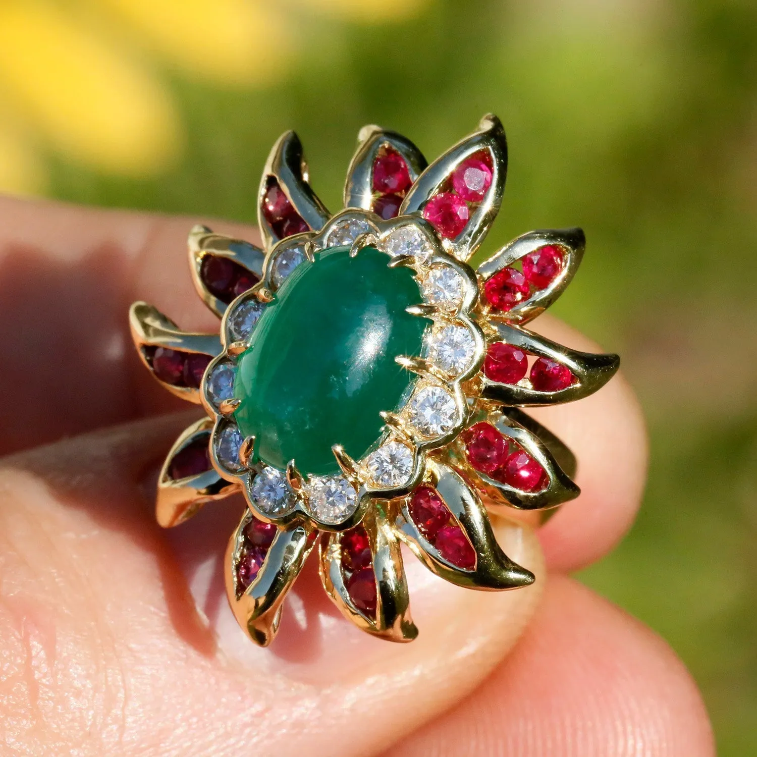 Vintage Emerald Flower Ring with Diamonds & Rubies 18K Gold