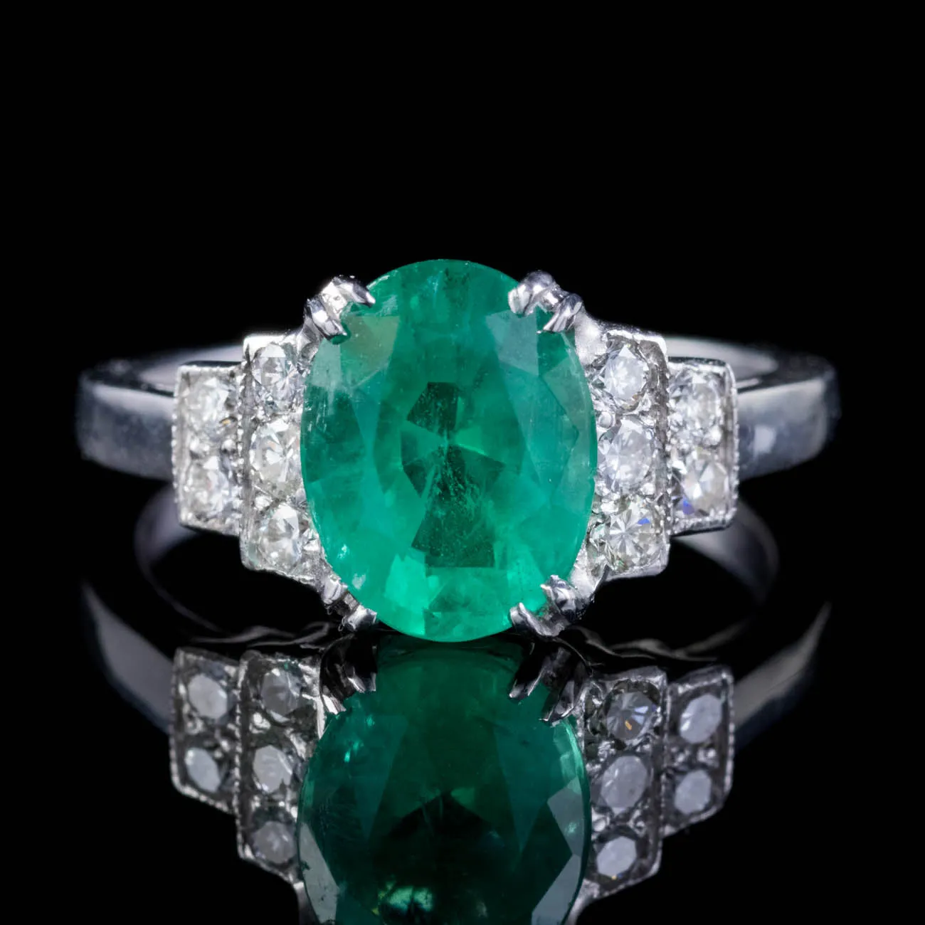 Vintage French 2Ct Emerald Diamond Engagement Ring 18Ct White Gold Circa 1950