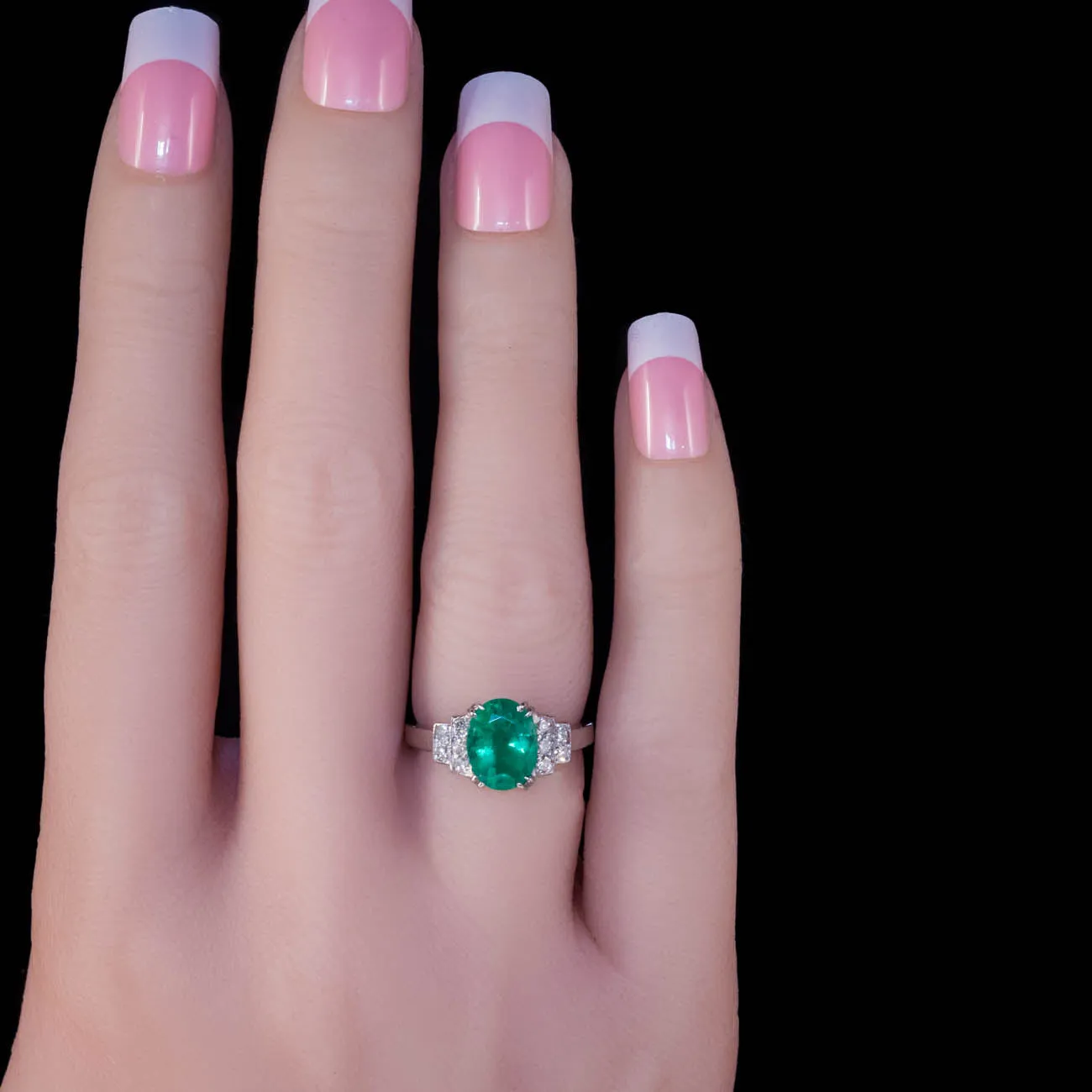 Vintage French 2Ct Emerald Diamond Engagement Ring 18Ct White Gold Circa 1950