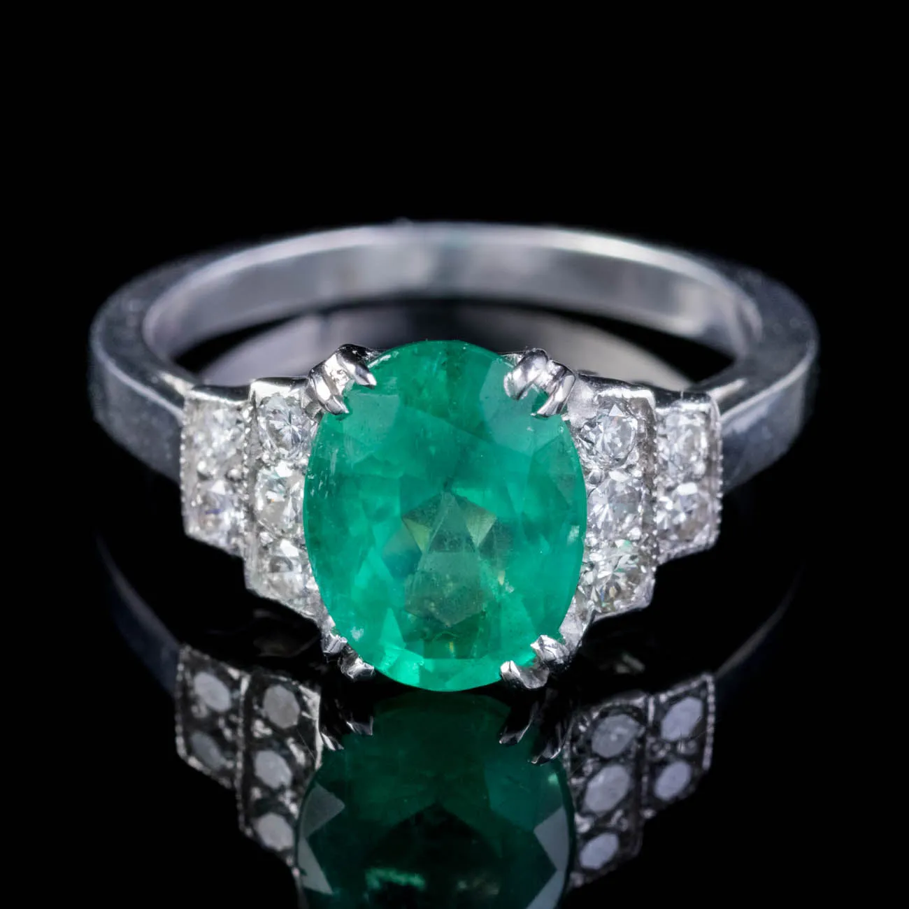 Vintage French 2Ct Emerald Diamond Engagement Ring 18Ct White Gold Circa 1950