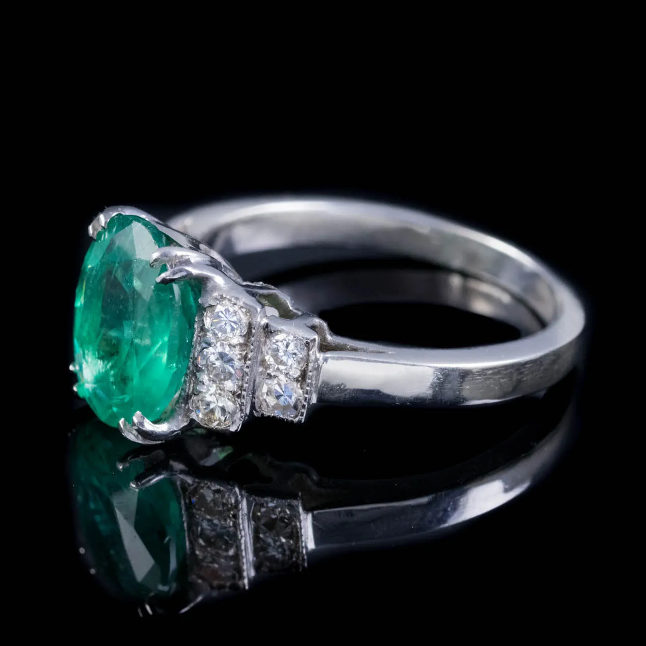 Vintage French 2Ct Emerald Diamond Engagement Ring 18Ct White Gold Circa 1950