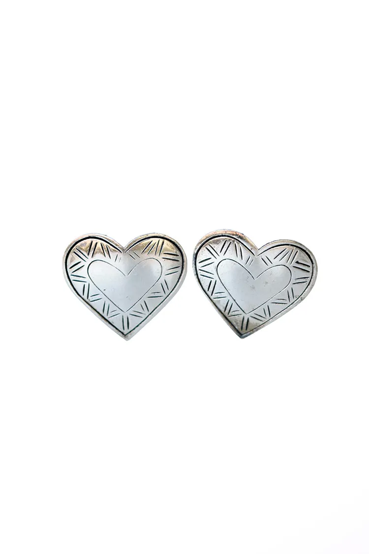 Vintage Silver Etched Heart Clip-on Earrings