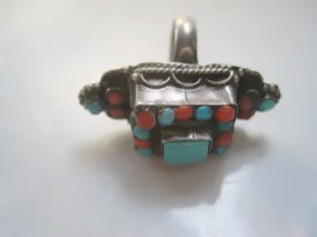 Vintage Turquoise and Coral Nepal Silver Ring