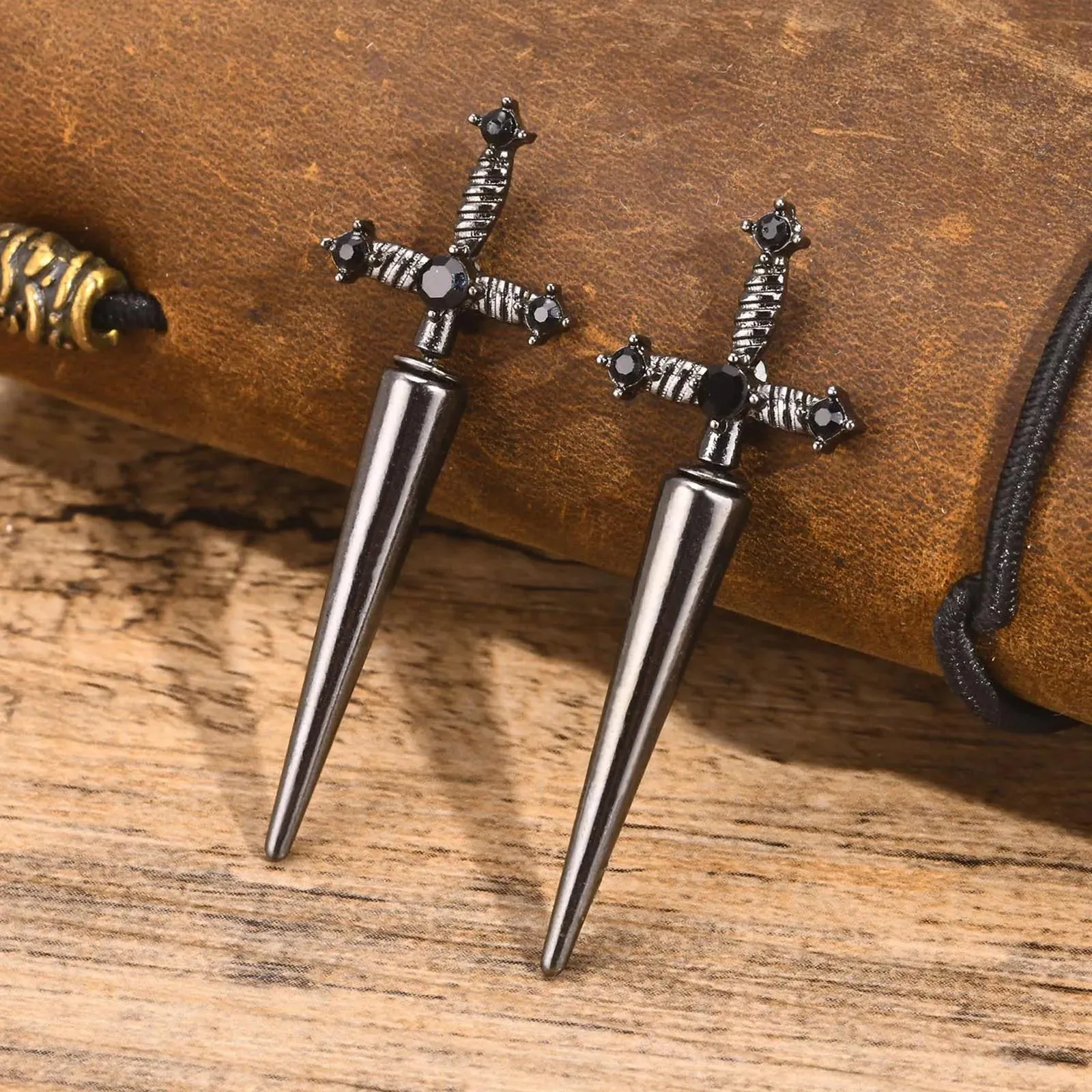 Vnox Gothic Kinitial Sword Earrings for Women Men, Vintage Cool Punk Black Ear Goth Dagger Earrings Jewelry Gift