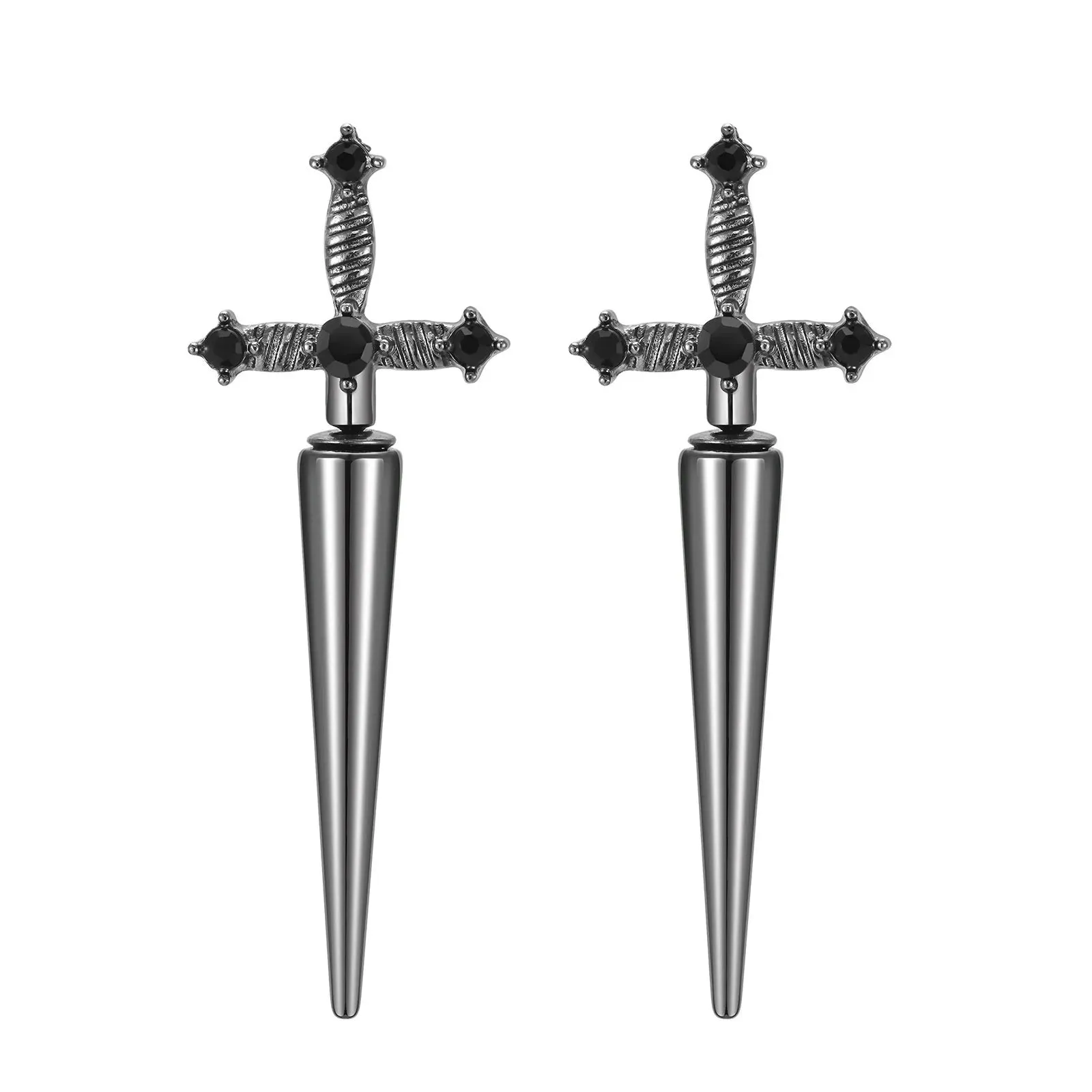 Vnox Gothic Kinitial Sword Earrings for Women Men, Vintage Cool Punk Black Ear Goth Dagger Earrings Jewelry Gift