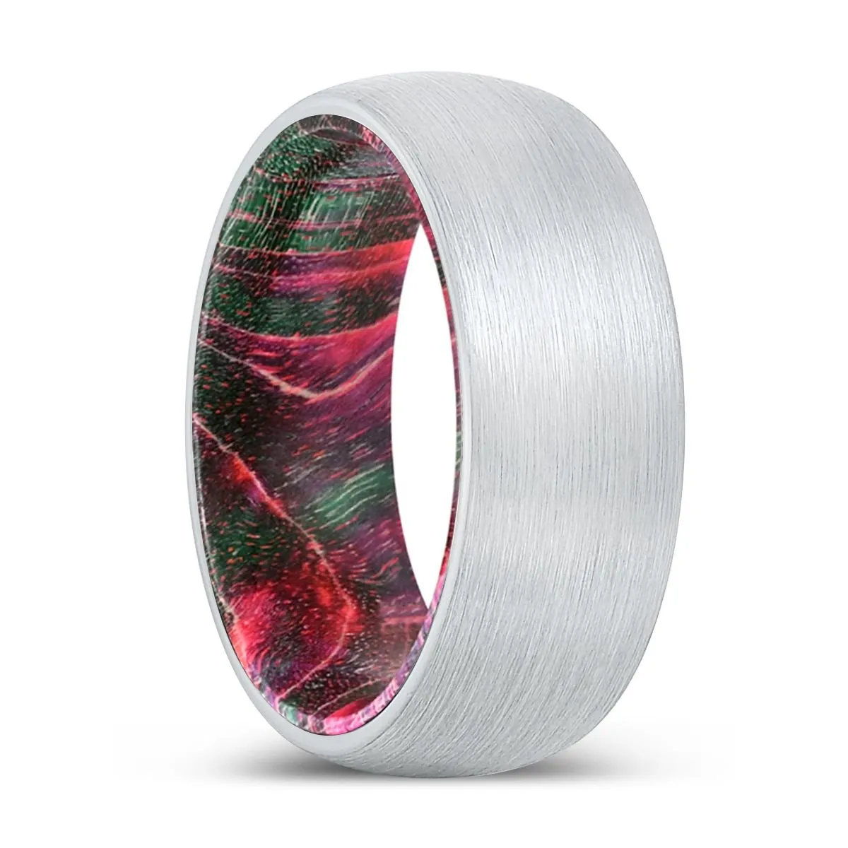 WANDERING | Green & Red Wood, White Tungsten Ring, Brushed, Domed