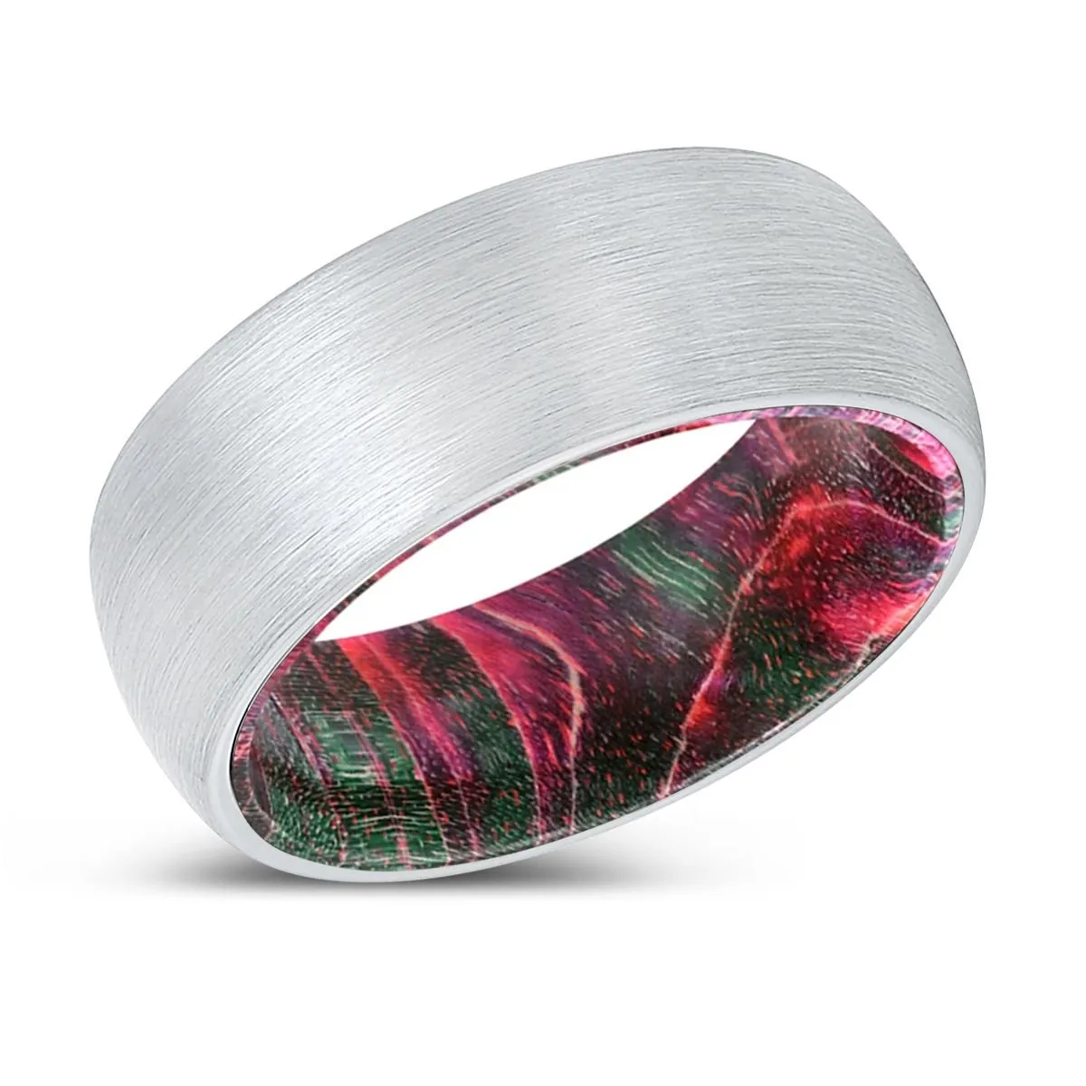 WANDERING | Green & Red Wood, White Tungsten Ring, Brushed, Domed