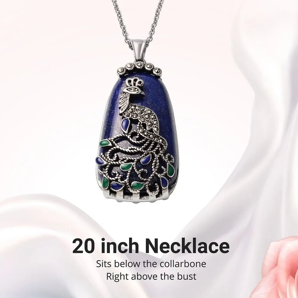 Women Lapis Lazuli Marcasite Peacock Chain Blue Necklace Pendant Jewelry 20"