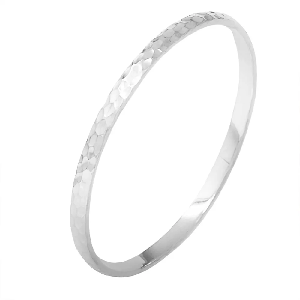 Women's 4mm Hammered Handmade 925 Sterling Silver Bangle Bracelet