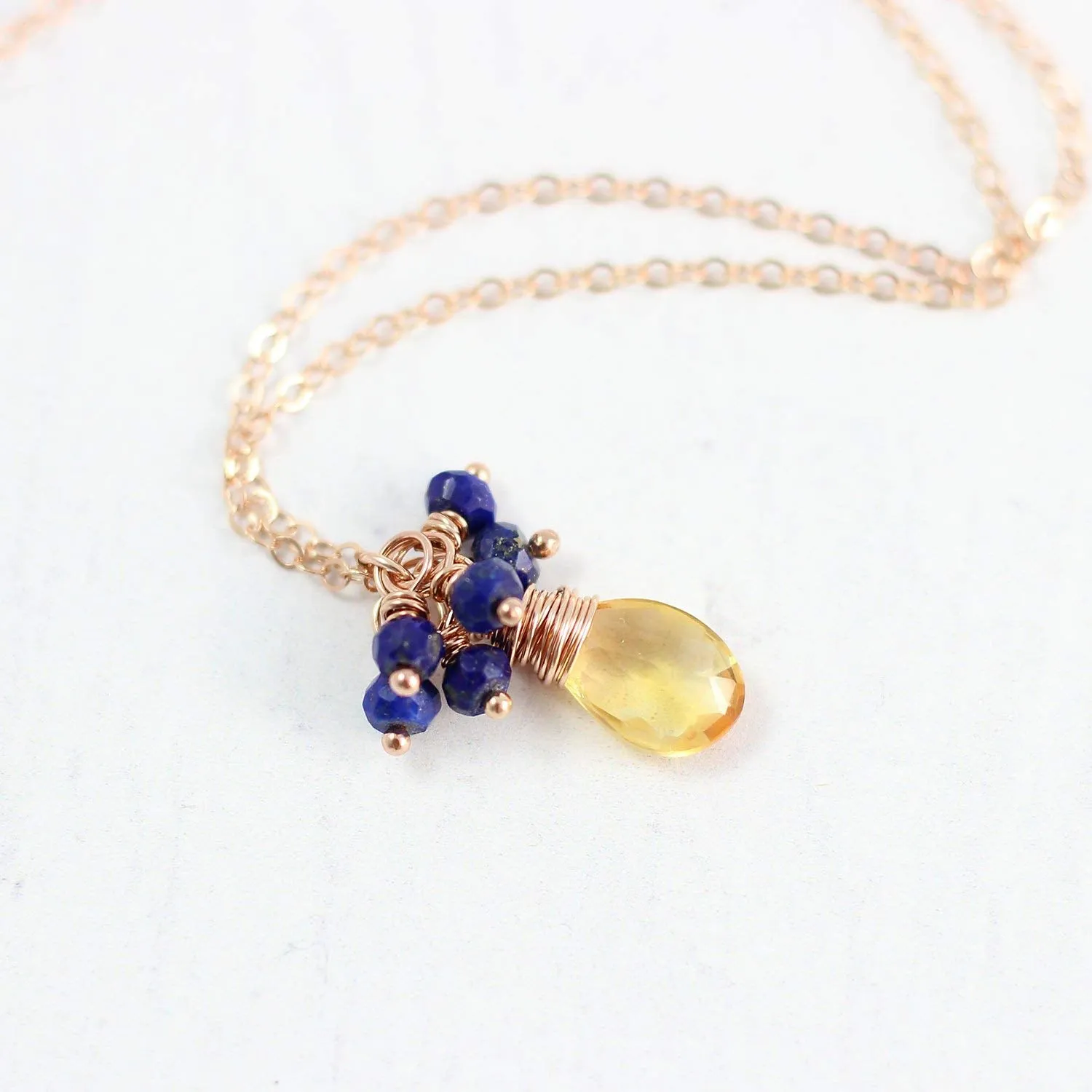 Yellow Citrine and Blue Lapis Rose Gold Gemstone Necklace