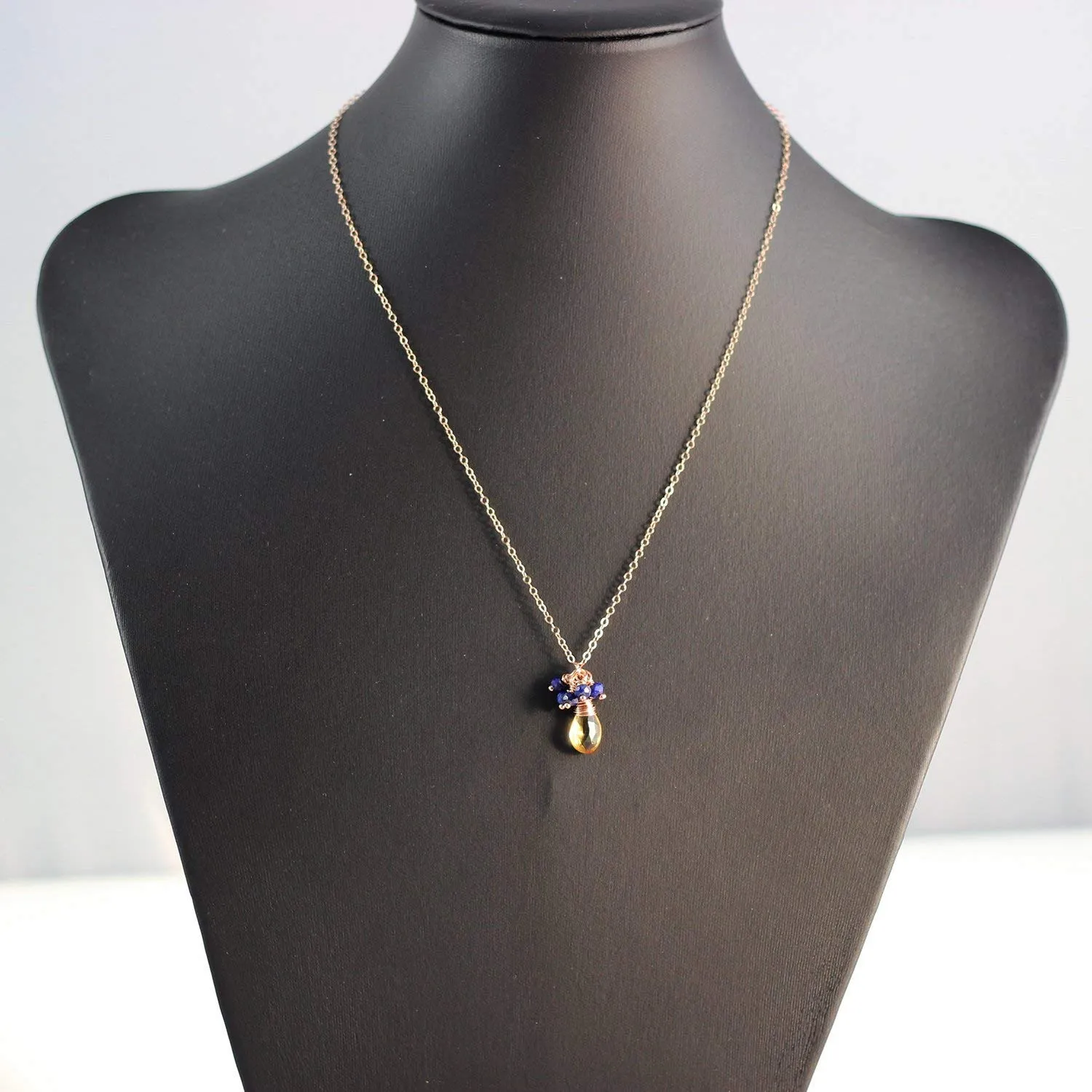 Yellow Citrine and Blue Lapis Rose Gold Gemstone Necklace