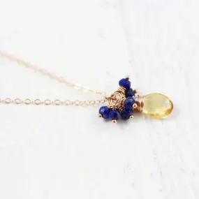 Yellow Citrine and Blue Lapis Rose Gold Gemstone Necklace