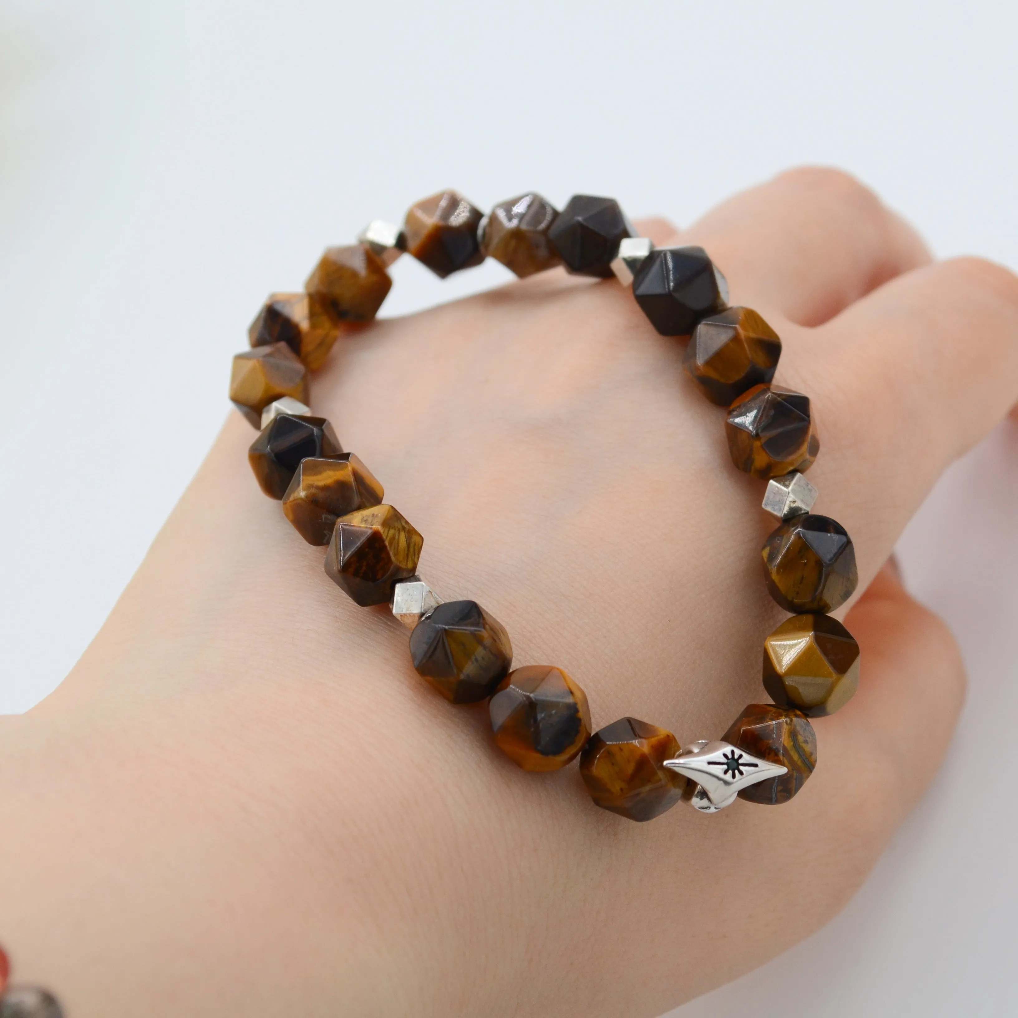 Yellow tiger eye stone men and women silver bracelet