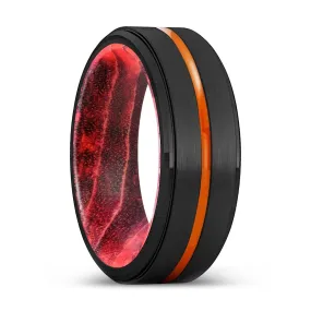 YONKERS | Black & Red Wood, Black Tungsten Ring, Orange Groove, Stepped Edge